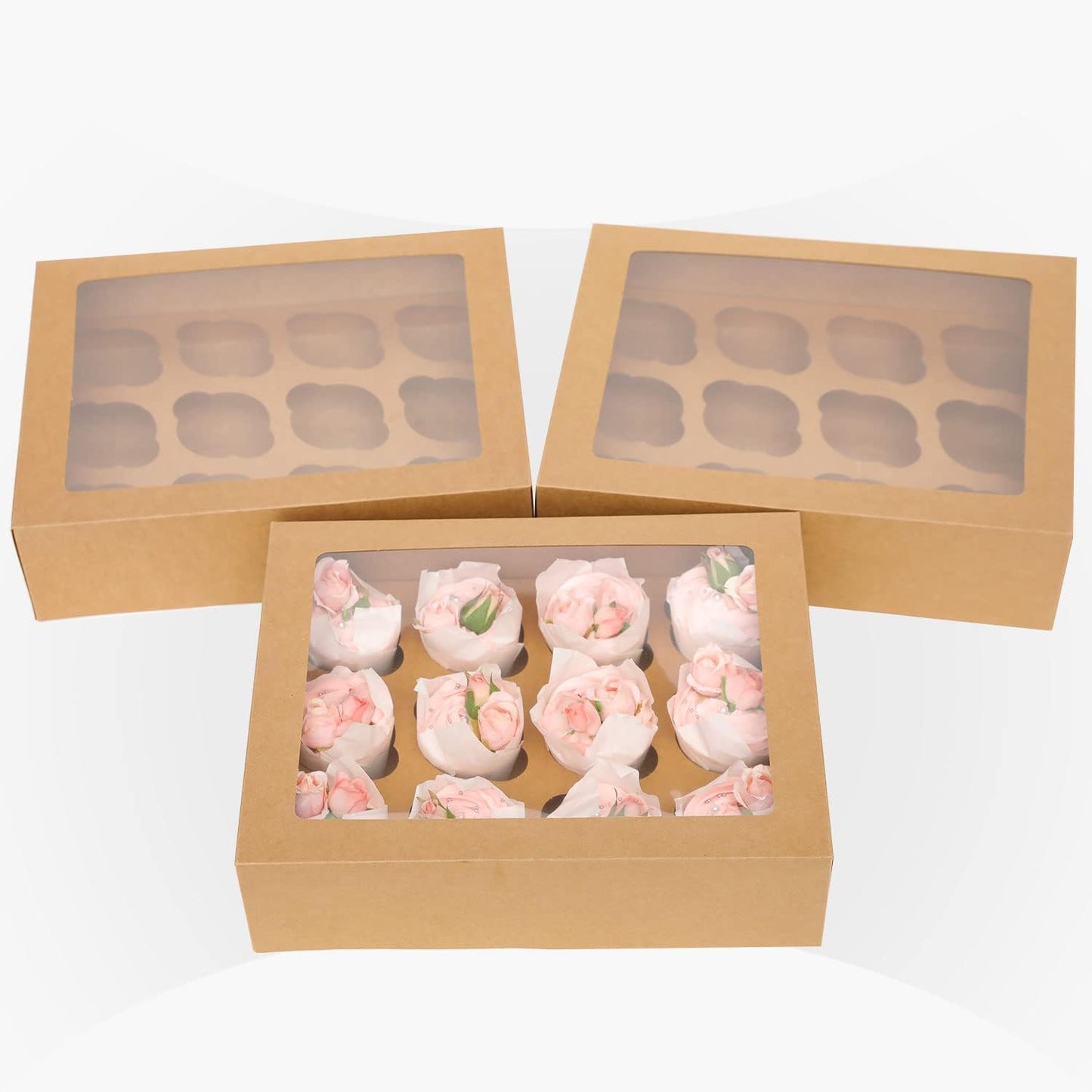 qiqee Auto-pop Up Cupcake Boxes with Window White 40PCS 12 Count Cupcake Box 13"x10"x3.5" Cupcakes Carrier, 12 Cupcake Containers with 2 rolls of pink ribbons