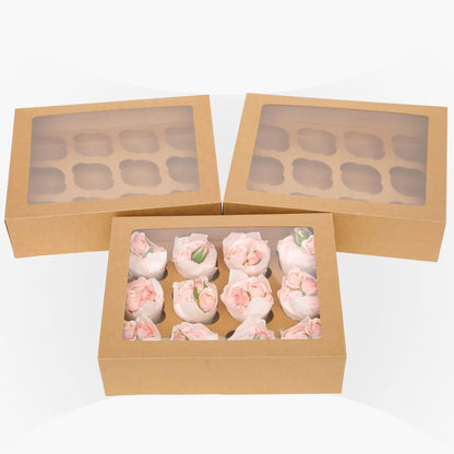 qiqee Auto-pop Up Cupcake Boxes with Window White 40PCS 12 Count Cupcake Box 13"x10"x3.5" Cupcakes Carrier, 12 Cupcake Containers with 2 rolls of pink ribbons