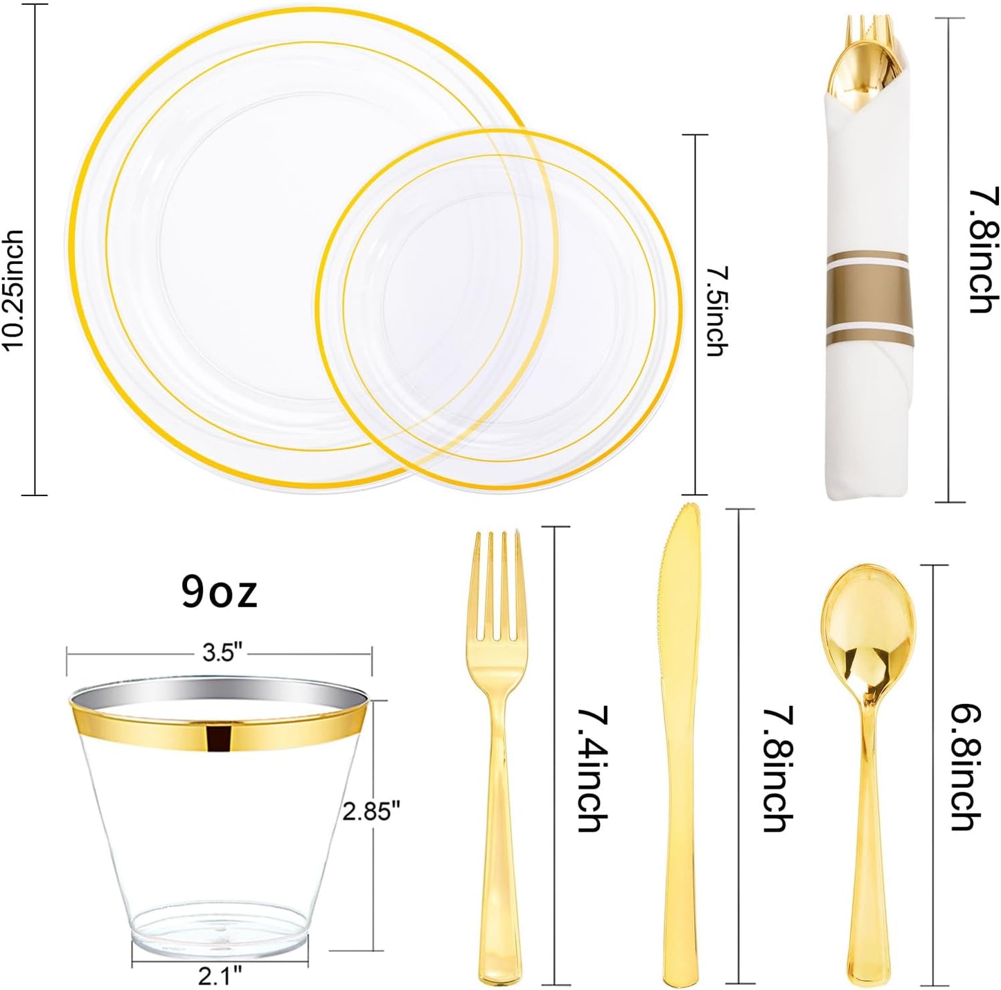 WELLIFE 350-Piece Gold Disposable Plates and Cutlery Set - Premium 10.25" Dinner Plates, 7.5" Dessert Plates, 9oz Cups & Cutlery for Weddings, Catering Events - 50 Guest Service - Elegant & Sturdy