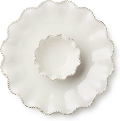 Heritage Ivory Stoneware Chip & Dip Set, 2-Piece – 15” Scalloped Serving Platter with 6” Dip Bowl (14oz) – Elegant Ripple-Edge Design for Entertaining, Snacks, & Appetizers