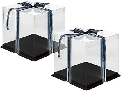 10 Inch Clear Cake Box,2 Pcs 10" X 10" X 9" Transparent Cake Box with Ribbon for 8" Cakes-Clear Tall Cake Boxs- Gift Boxes with Lid for Wedding Party and Gift Display (White-2 Set)