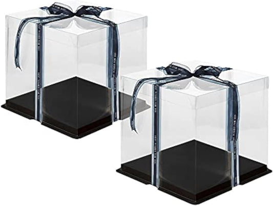 10 Inch Clear Cake Box,2 Pcs 10" X 10" X 9" Transparent Cake Box with Ribbon for 8" Cakes-Clear Tall Cake Boxs- Gift Boxes with Lid for Wedding Party and Gift Display (White-2 Set)