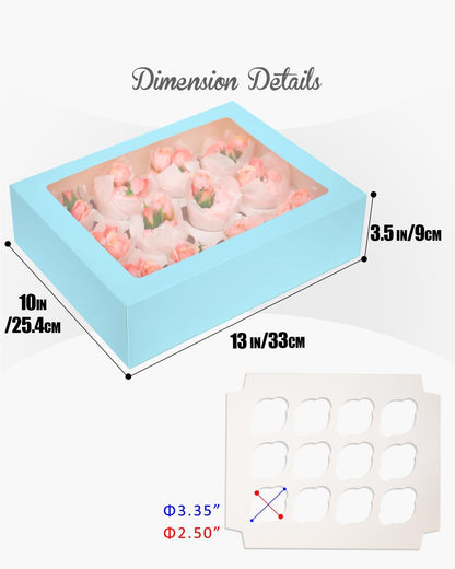 Bakepacker Auto-pop Up Cupcake Boxes with Window White 20PCS 12 Count Cupcake Box 13"x10"x3.5" Cupcakes Carrier, 12 Cupcake Containers with rolls of pink ribbons