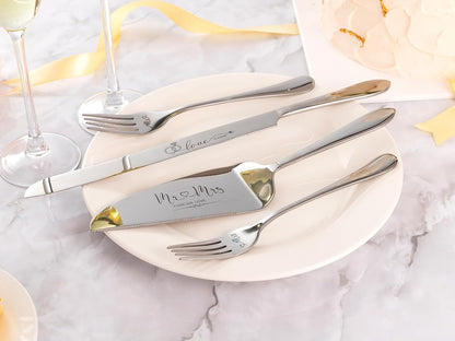 Wedding Cake Knife and Server Set, Mr and Mrs Champagne Flutes & Forks with Giftable Box, Cake Cutting Set for Wedding Engagement Bridal Shower Gifts (Silver)