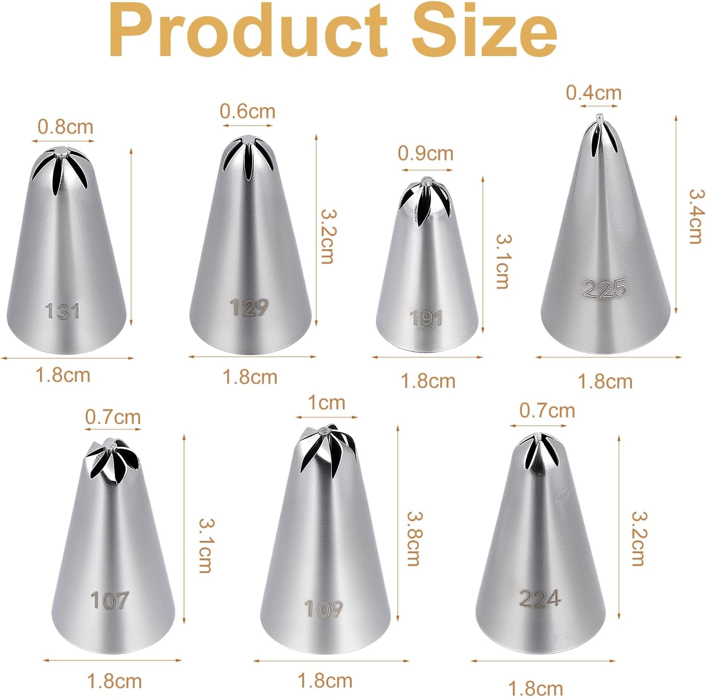 7 Pcs Drop Flower Piping Tips Set, 107, 109, 129, 131, 191, 224, 225 Stainless Steel Icing Tip for Swirl, Rosette, Cake Cookie Decorating Floral Patterns