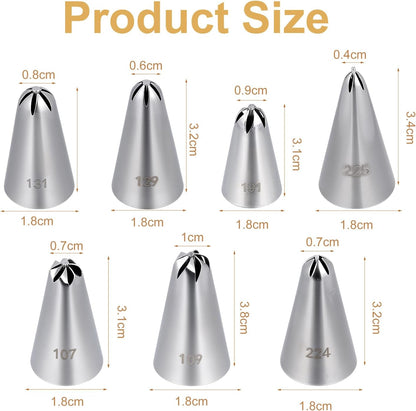 7 Pcs Drop Flower Piping Tips Set, 107, 109, 129, 131, 191, 224, 225 Stainless Steel Icing Tip for Swirl, Rosette, Cake Cookie Decorating Floral Patterns