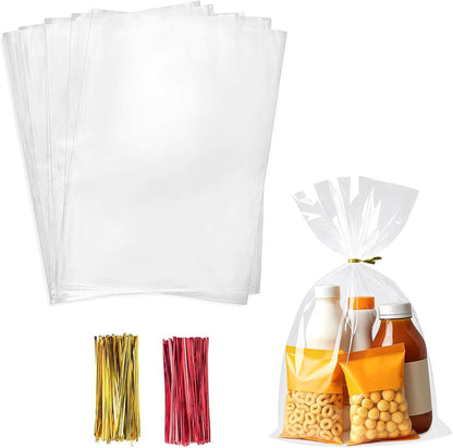 Cello Cellophane Treat Bags,5x7 Inches Clear Cellophane Bags 200 Pcs OPP Plastic Treat Bags with 200 Twist Ties for Gift Wrapping,Packaging Candies,Dessert,Bakery, Cookies, Chocolate,Party Favor