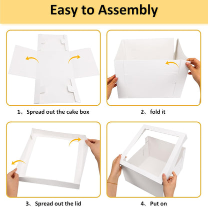 Moretoes 3 Pack Cake Boxes 12x12x8 Inch, Bakery Containers with Large Window, 12 Inch White Cake Carrier, Disposable Boxes for Birthday, Party, Cupcake Cookie Pie Pastry.