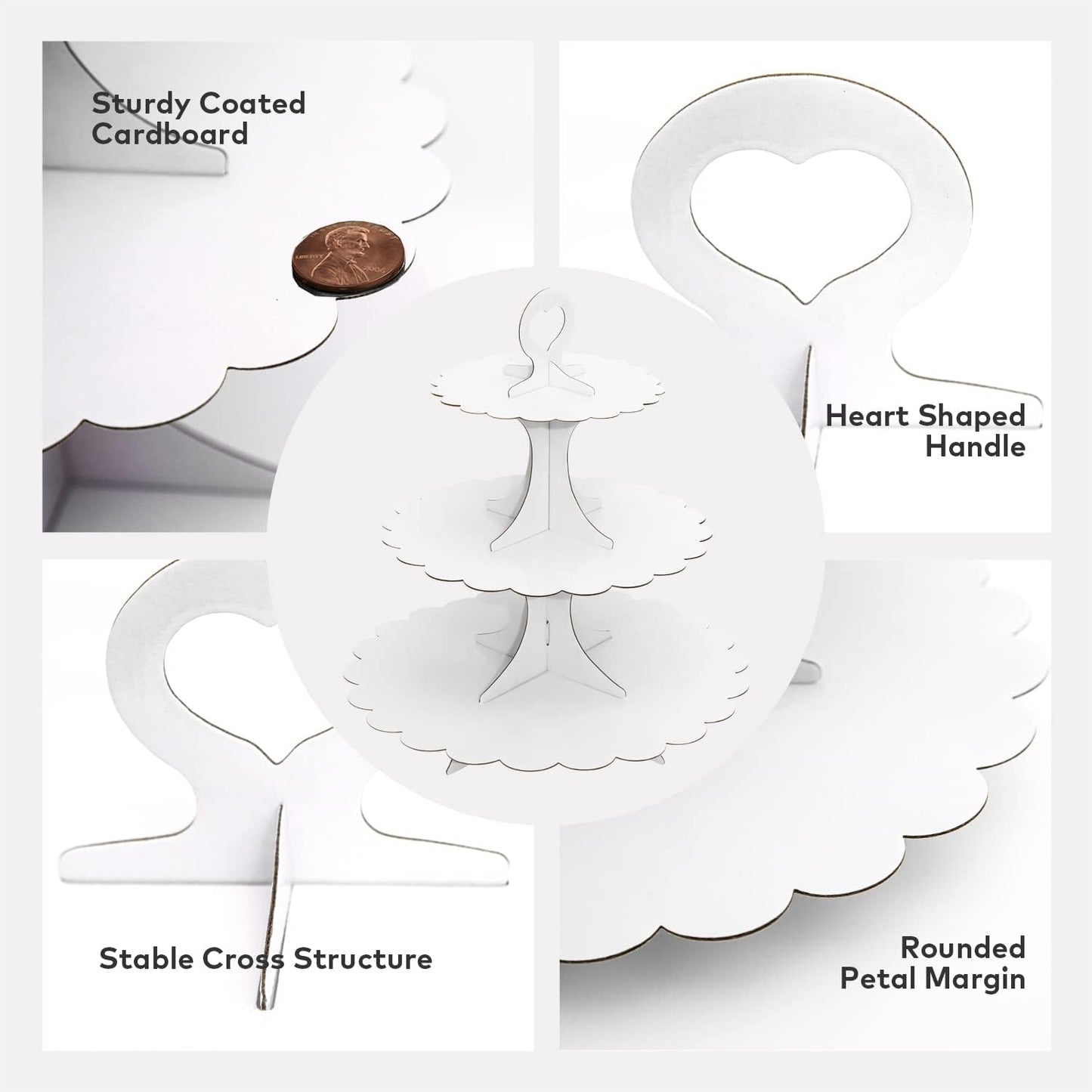 White Cupcake Stand Tower, 3-Tier Cardboard Dessert Display with Heart Handle,Perfect for Birthday Baby Shower Wedding Tea Party Graduation, Easy 60-Second Assembly, Holds 12+Cupcakes (1-Pack)