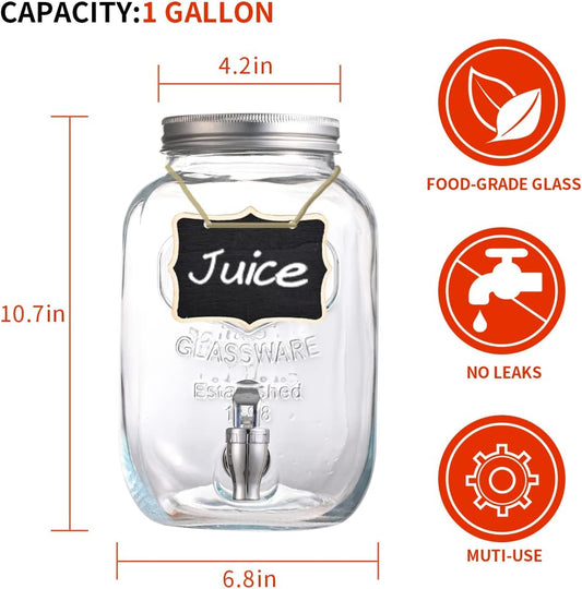 Eleganttime 1 Gallon Glass Drink Dispensers for Parties,2 Pack Beverage Dispenser with Fruit Infuser,Laundry Detergent Dispenser Punch Bowls Water Juice dispensers with Easy Flow Spigot for Outdoor