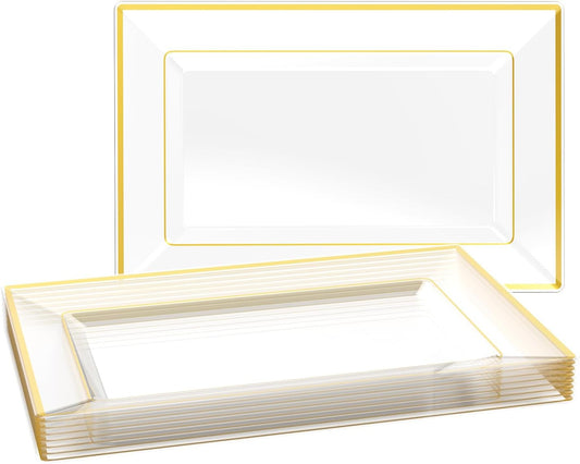 FOCUSLINE 8 PCS Plastic Serving Trays, White and Gold Rim Plastic Serving Platters, Disposable Tray for Food, Perfect for Wedding Parties