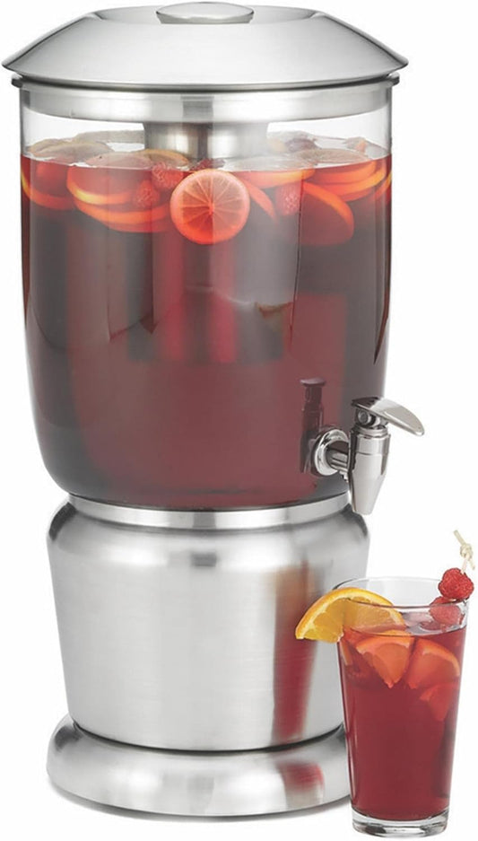 TableCraft 75 Upscale 2.5 Gallon Drink Dispenser with Fruit Infuser & Stand, Tritan & Brushed Stainless Steel, Cold Beverage Dispenser for Catering and Home Use