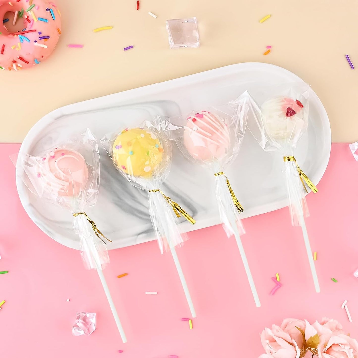 360 PCS Cake Pop Sticks and Wrappers Ties Kit, Including 120ct 6-inch Paper Lollipop Sticks, 120ct Cake Pop Parcel Bags, 100ct Silver Twist Ties for Candy Making Packaging Supplies