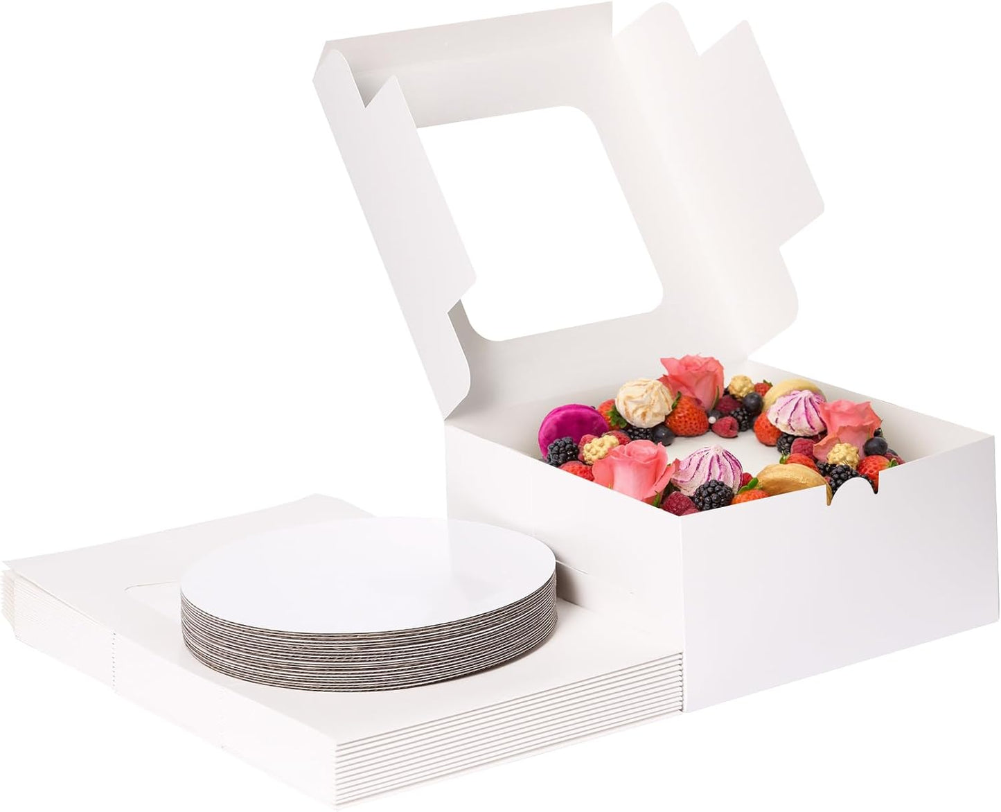 Moretoes 15 Sets Cake Boxes, 10x10x5 Inches Bakery Boxes with Cake Boards, 10 Inch with Stickers Disposable Cake Containers with Lids for Valentine's Day Mother's Day Cheesecake, Cakes