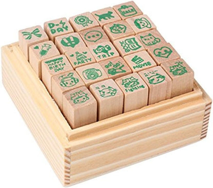 Pack of 25 Pcs Small Green Happy Life Shape Wooden Rubber Stamps with Box for DIY Craft Card and Photo Album (Green)