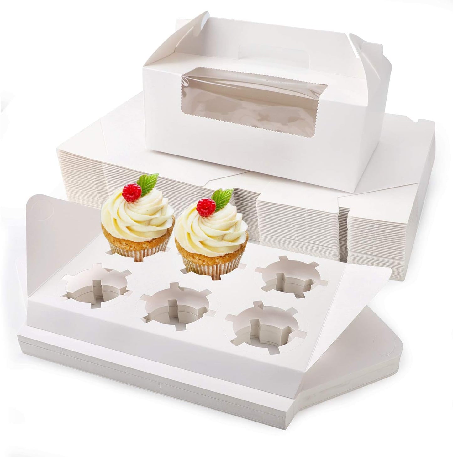 EUSOAR Gold Cupcake Boxes, 25pcs 3.6"x 3.6"x 4.3" Single Cupcake Carrier with Window Insert and Handle, Kraft Pastry Containers, Muffins Cupcake Carriers for Bakery Wrapping Party Favor Packing