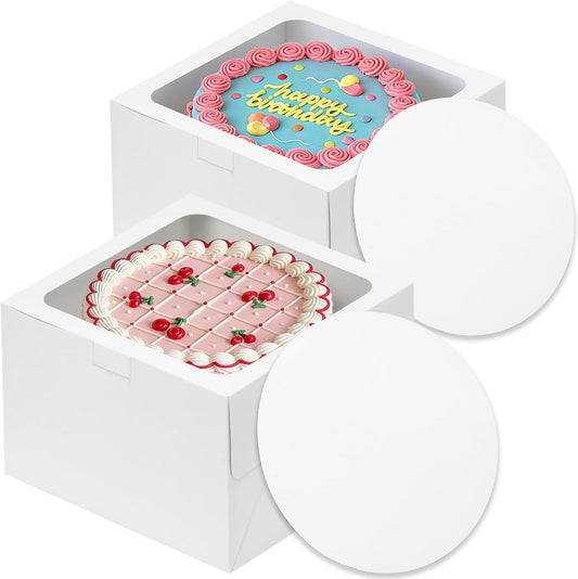 Moretoes 2 Pack Cake Boxes 10 Inch with Boards, 10x10x5 Inches White Cake Carrier Bakery Containers, Disposable Bakery Boxes for Valentine's Day Mother's Day for Cake Cupcake Cookie Pie Pastry
