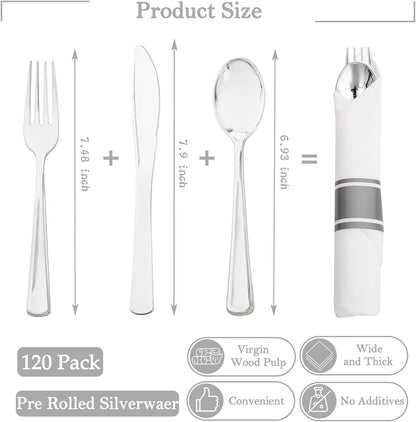 Supernal 240 Silver Plastic Silverware Set - 60 Sets Pre Rolled Napkins with Cutlery - Mirror Polished Real Look Disposable Silver Utensils- Elegant Heavy Duty Flatware for Weddings & Catering