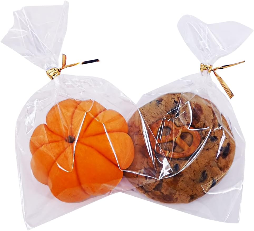 Wowfit 100 CT 6x10 Inch Clear Flat Cellophane Treat Bags with 6” Gold Twist Ties, Cello Packaging for Gift Wrapping, Decorations, and Food Storage
