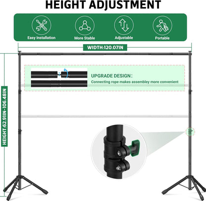 3-in-1 Backdrop Stand Kit 10x8.5 ft for Photography Studio, T-Shape Backdrop Stand for Wedding Parties, Background Stand for Photo Video Studio with Carring Bag, 6 Clamps, 2 Sandbags