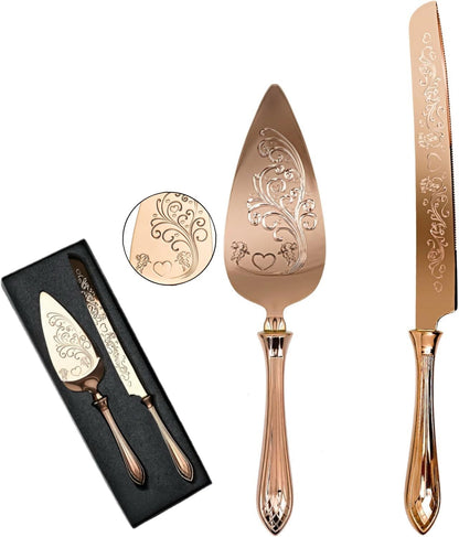 KSENDALO Wedding Cake Knife and Server Set, Rose Gold Serrated Knife Cake Cutting Set, Deluxe SUS304 Stainless Steel for Weddings, Birthdays & Anniversary (13.78inch Long)