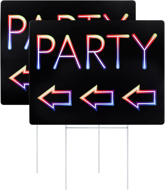 Double-Sided Party Signs 17 x 13'' With Metal H Stakes - Waterproof Corrugated Plastic Birthday Direction Signs - This Way Arrow Yard Sign (2 Packs)
