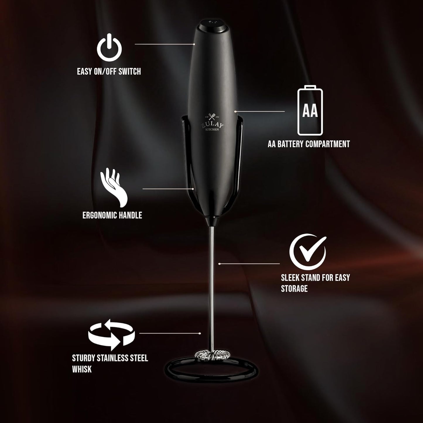 Zulay Kitchen Powerful Milk Frother Wand With Duracell Batteries - Ultra Fast Handheld Drink Mixer - Electric Whisk Foam Maker for Coffee, Lattes, Cappuccino & Matcha - Z1 Motor - Black - Colors A