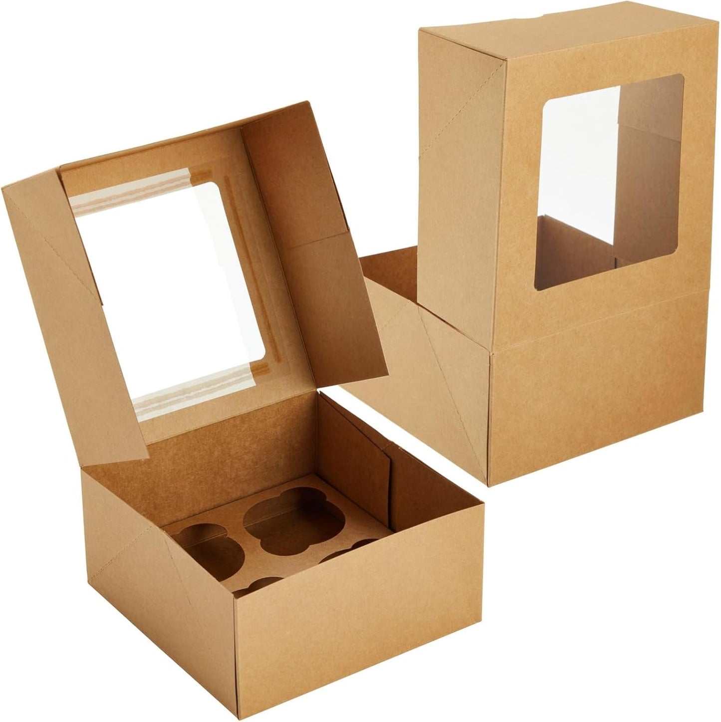 Juvale Cupcake Boxes - 6 x 6 in, 24 Count, Brown - 4-Cup Insert & Clear Window Cupcake Containers & Muffin Boxes