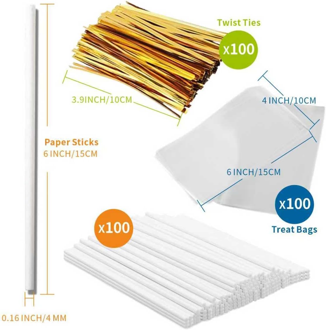 300Pcs 6 Inch(4MM DIA) Cake Pops Sticks,Lollipop Sticks, Cake pop Bags and Wrappers Chocolates and Cookies Set Including 100 Parcel Bags, 100 Papery Treat Stick, 100 Colorful Metallic Twist Ties