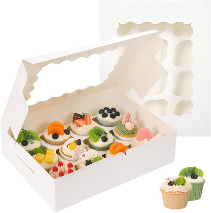 TOMNK 20pcs Cupcake Boxes, Cupcake Boxes 12 Count, 13x10x3.5 Inch White Containers Bakery Holders with Windows and Inserts to Fit Muffins, Cookies