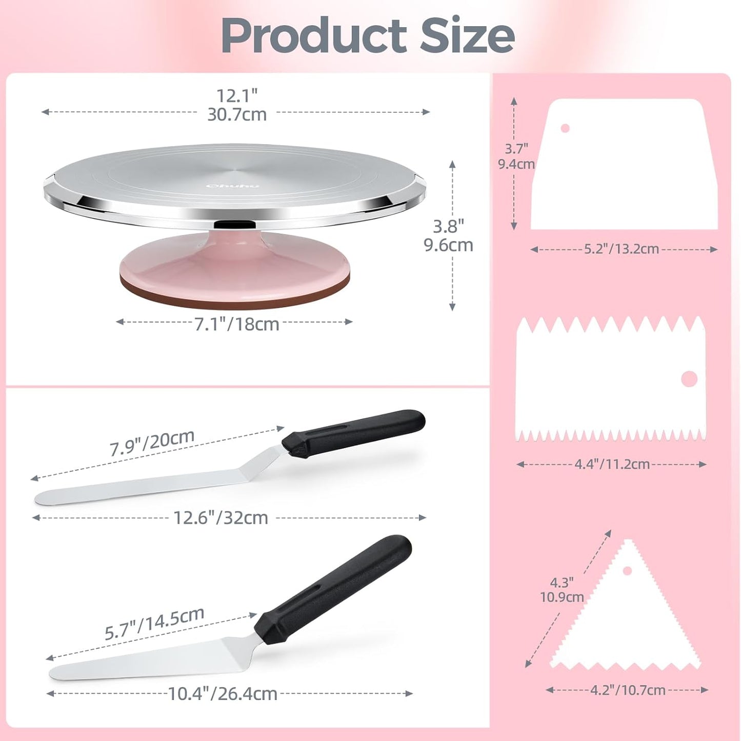 Cake Turntable, Ohuhu Aluminium 12'' Cake Decorating Kit Supplies Rotating Stand Revolving Spinner with 2 Icing Spatula 3 Comb Smoother