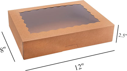 Tcoivs 20-Pack Bakery Boxes with Window, 12" x 8" x 2.5" Cookie Boxes, Treat Boxes, Large Donut Boxes for Muffins and Pastries (Brown)
