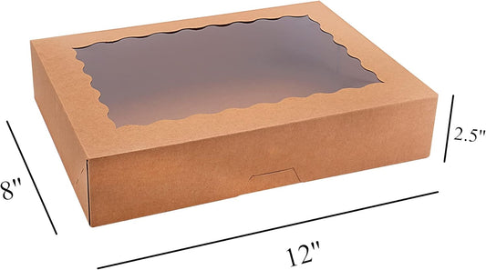 Tcoivs 20-Pack Bakery Boxes with Window, 12" x 8" x 2.5" Cookie Boxes, Treat Boxes, Large Donut Boxes for Muffins and Pastries (Brown)