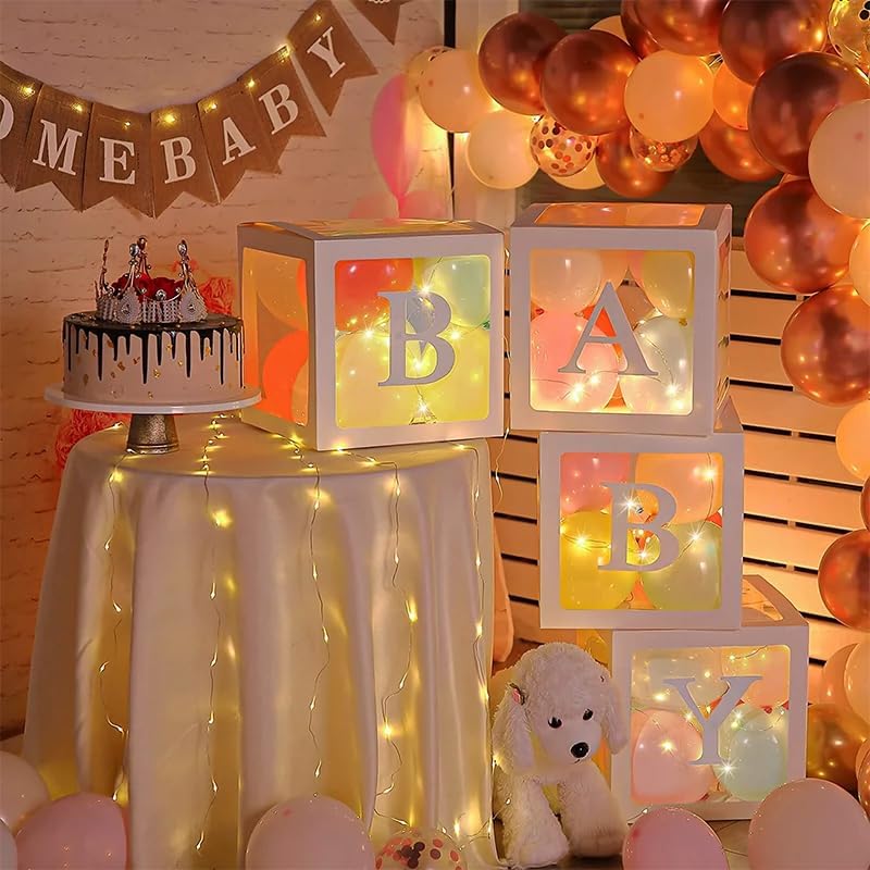 Ledido Transparent Balloon Boxes, Clear Balloon Boxes with 5 Pcs String Lights and 78 Letters for Baby Shower Gender Reveal 2026 New Year Grad Party Birthday Anniversary Bridal Decor - 5 White Boxes