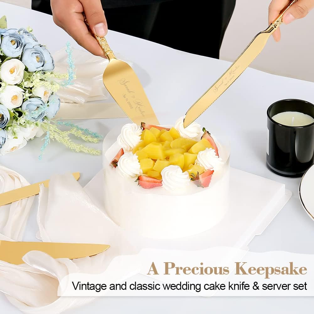 Wedding Cake Knife and Server Set, Personalized Gold Cake Cutting Set for Wedding, Engraved Classic Cake Knives Cutter Set, Pie Server, Birthday Bridal Quinceañera Gift (CUS-Flower)