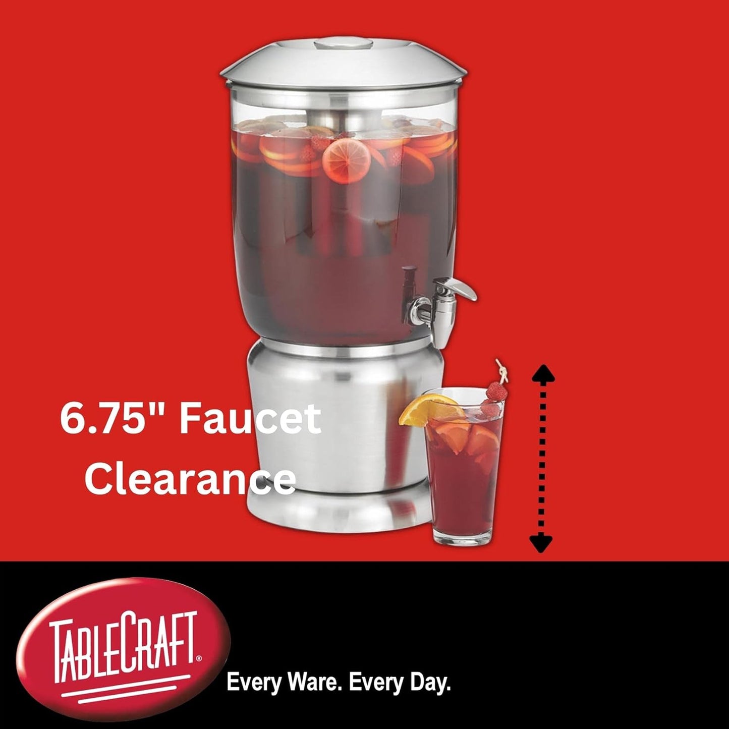 TableCraft 75 Upscale 2.5 Gallon Drink Dispenser with Fruit Infuser & Stand, Tritan & Brushed Stainless Steel, Cold Beverage Dispenser for Catering and Home Use