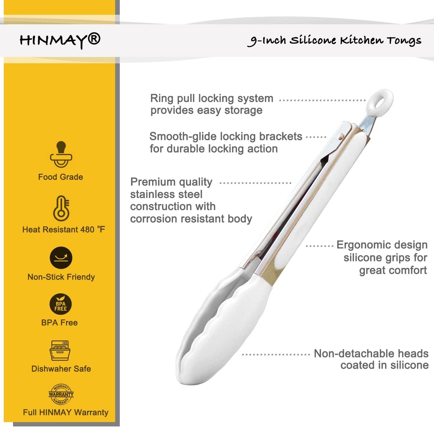 HINMAY Serving Tongs 9-Inch Cooking Tongs with Silicone Tips, Set of 3 (Black)