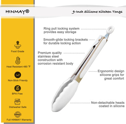 HINMAY Serving Tongs 9-Inch Cooking Tongs with Silicone Tips, Set of 3 (Black)