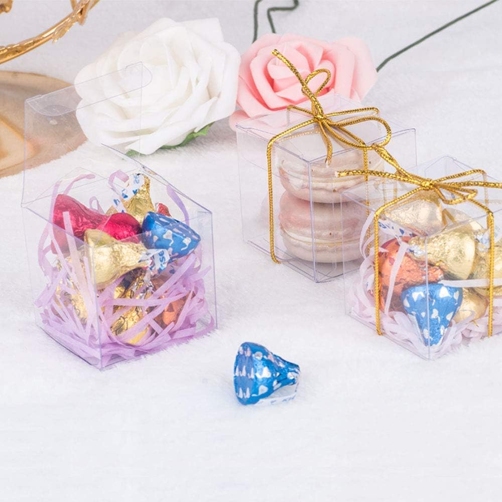 JOERSH 2x2x2 Inches Clear Boxes for Favors with Gift Ribbons, 60 PCS Mini Transparent Cube Wedding Baby Shower Birthday Party Favor Boxes, Small Gifts Display Individual Macaron Box