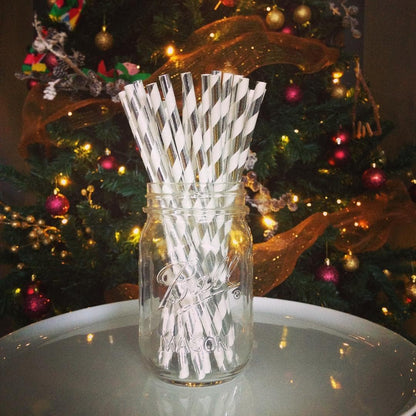 ALINK 100 White and Gold Striped Paper Straws, Biodegradable Disposable Drinking Straws for Birthday, Bridal/Baby Shower, Christmas, New Year, Party Decoration Supplies