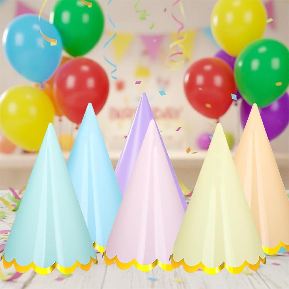 24Pcs Pastel Birthday Party Hats — Colorful Cone Paper Hats with Gold Edge/Gold-Stamped, Elastic String, 6 Colors, for Baby Shower, Bridal, Wedding