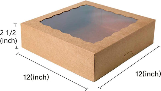 ONE MORE [15pcs] 12inch Kraft Bakery Boxes, 12x12x2.5inch Large Pie Boxes with PVC Window Natural Disposable Box for Cookie,Pack of 15 (Brown, 15)