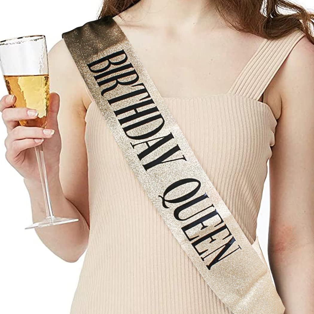 COCIDE Birthday Queen Sash & Rhinestone Tiara Set Gold Happy Birthday Crowns for Women Party Decoration Kit Rhinestone Headband for Women Glitter Crystal Hair Accessories for Cake Topper