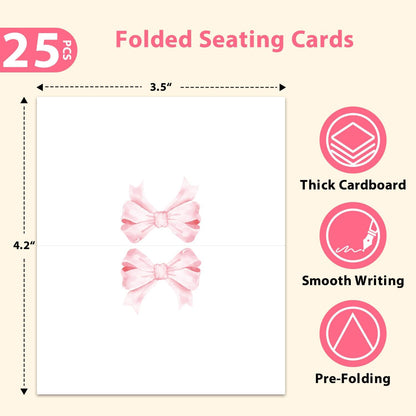 Pink Bow Place Cards, Name Cards for Table Setting, Tented Food Setting Cards for Bridal Shower, Wedding, Baby Showers, Banquets, Reserved Table Signs, 25 Pack Birthday Party Decorations -01