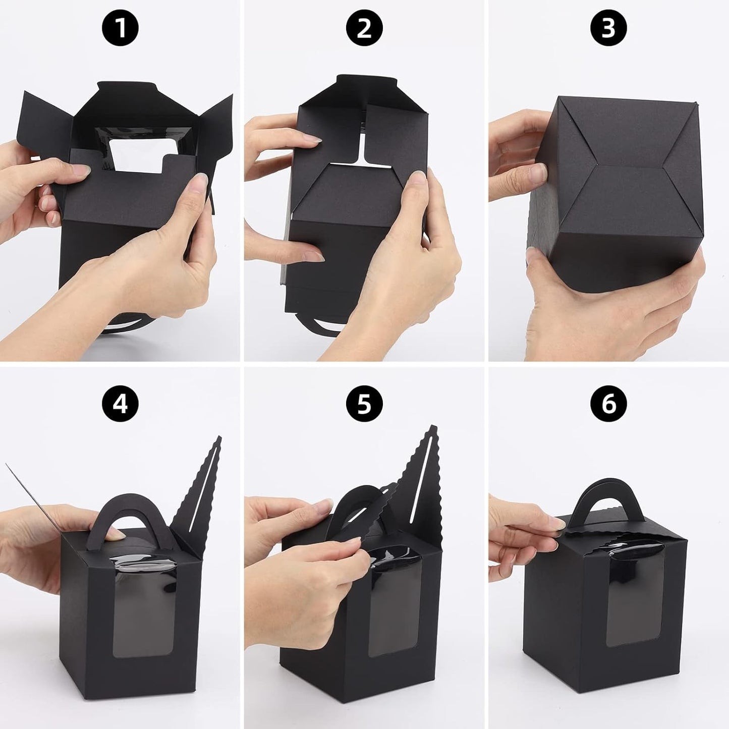 acDesign 100Pcs Cupcake Boxes With Window 3.6in*3.6in*4.3in Single Individual Cupcake Boxes With Handle and Inserts for Wedding Birthday Party Treats Gift,Black
