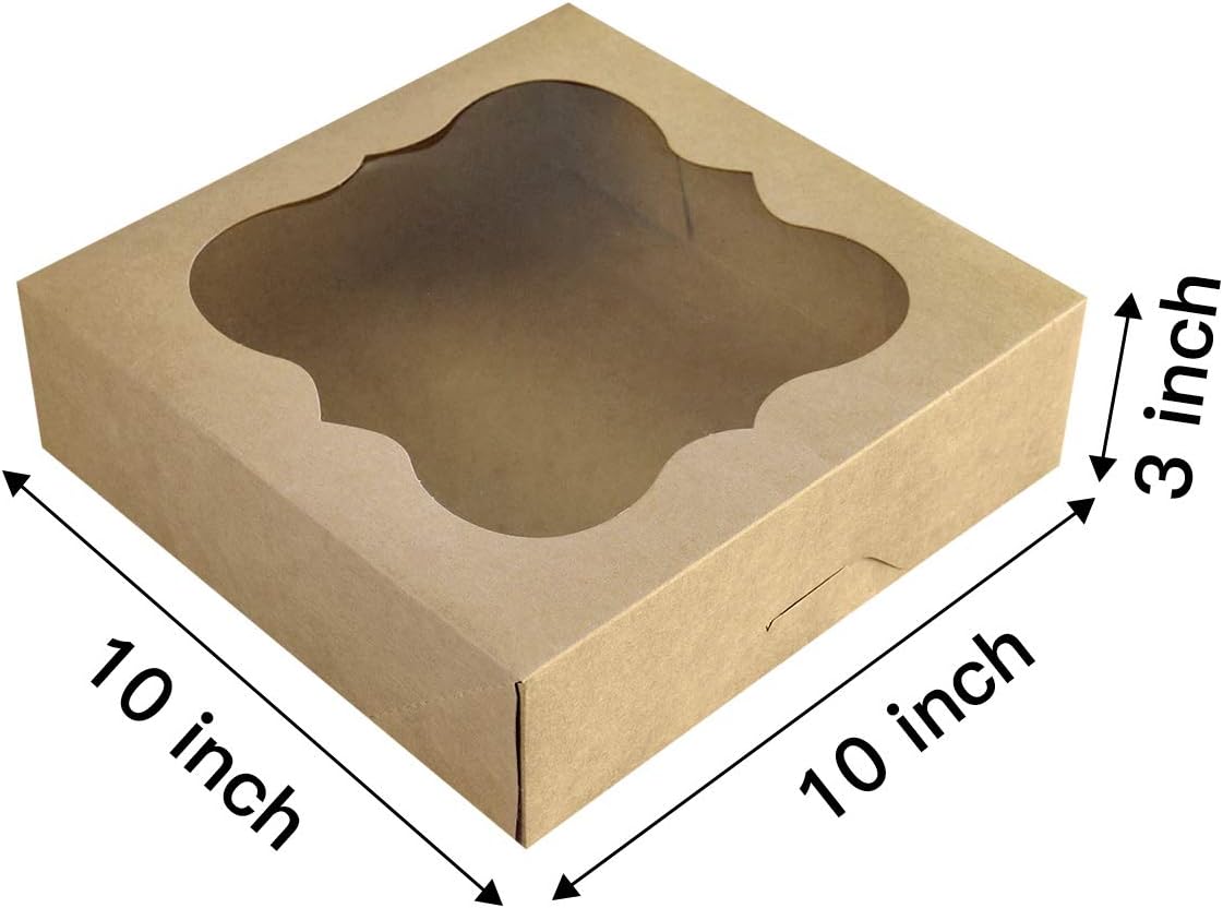 CHERRY 15-Pack 10"x10"x3"Brown Bakery Boxes with PVC Window for Pie and Cookies Boxes Small Natural Kraft Paper Box 10x10x3inch Pack of 15