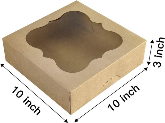 CHERRY 15-Pack 10"x10"x3"Brown Bakery Boxes with PVC Window for Pie and Cookies Boxes Small Natural Kraft Paper Box 10x10x3inch Pack of 15