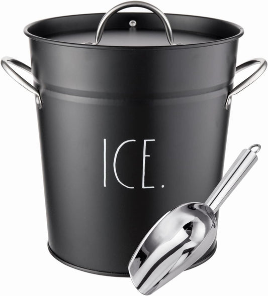 Rae Dunn Ice Bucket with Scoop - Stainless Steel Bucket with Handle, Lid and Ice Scooper - 4 Qt. Storage Bin for Ice Cubes for Bars, Parties, Backyard Barbeques, Picnics, and Camping (Sage)