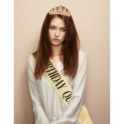 CAVETEE Red Black Birthday Crown and Sash for Women Sash & Rhinestone Tiara Set Red and Black Party Decorations Birthday Queen Crowns Tiaras for Women