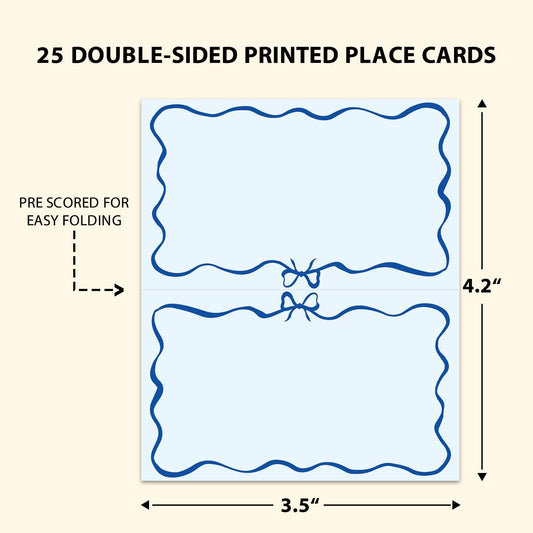 Blue Bow Place Cards for Table Setting, Tent Cards Decor For Bridal Shower Baby Shower Party Reception Decorations, Wedding Placecards， 25 Pack Birthday Food Name Card, 2 x 3.5" /011